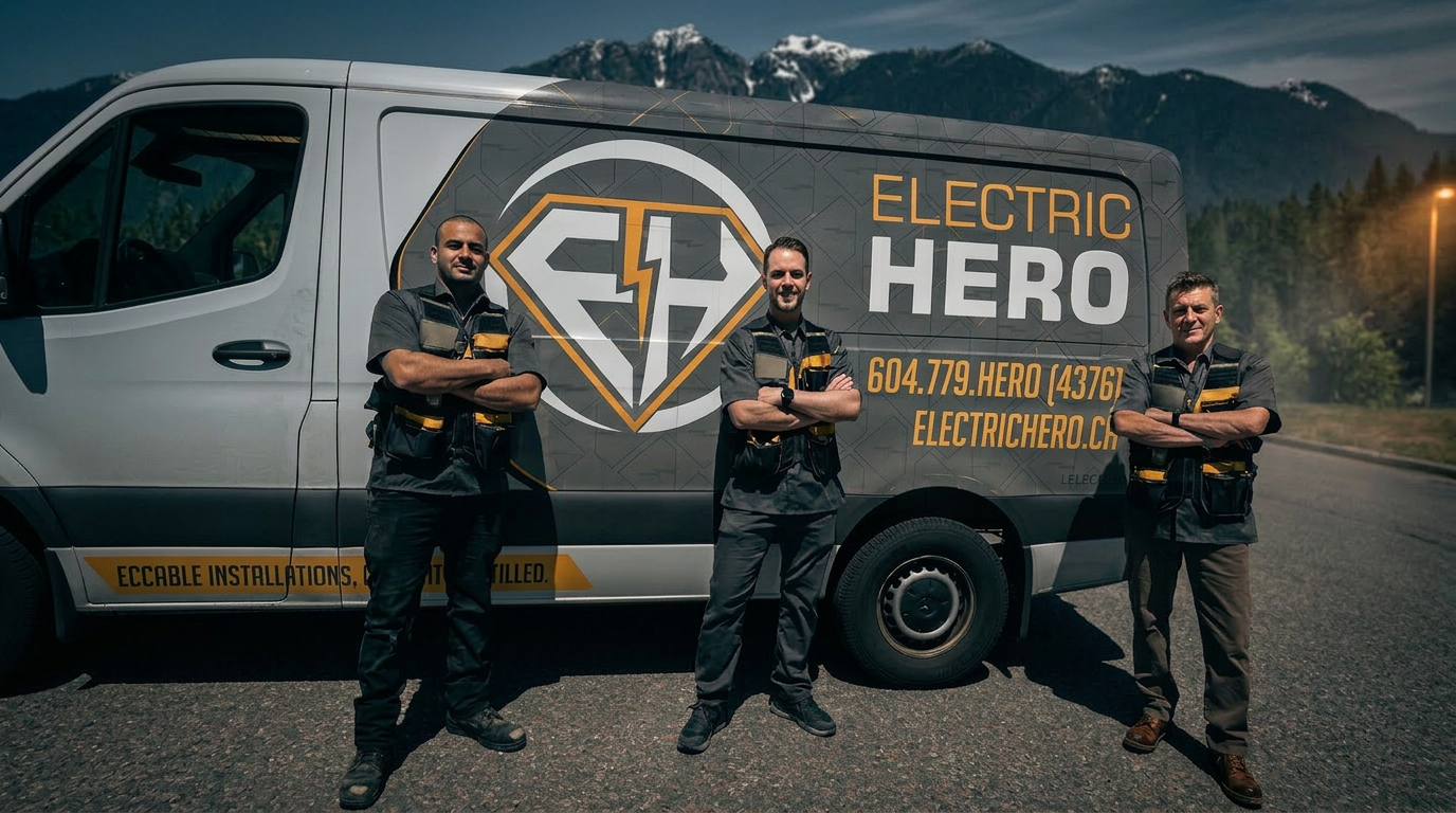 The Electric Hero team standing in front of two branded service vans in Metro Vancouver