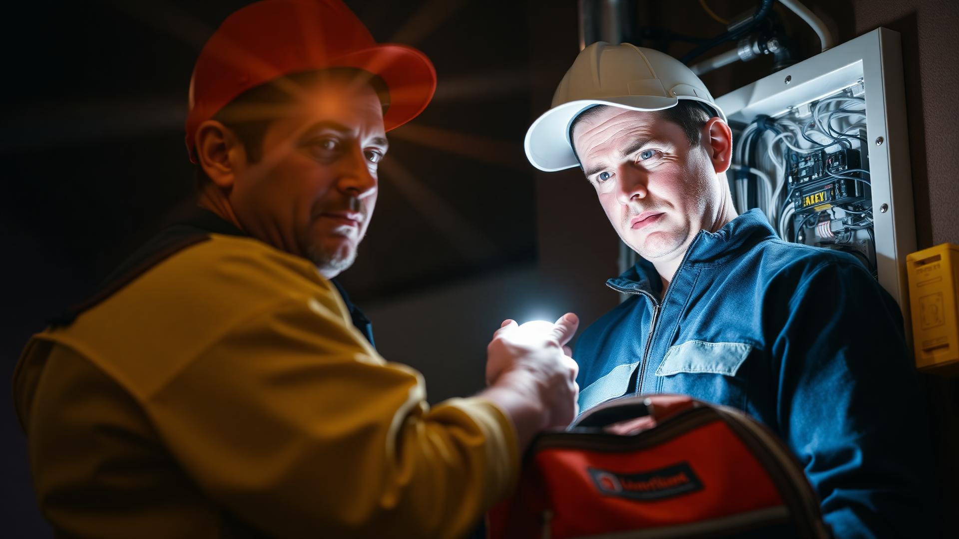 Electric Hero emergency electrician inspecting a residential service panel at night