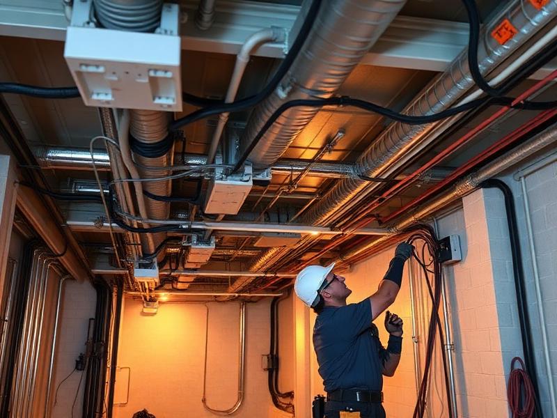 Electrician installing rough-in wiring in a new residential build